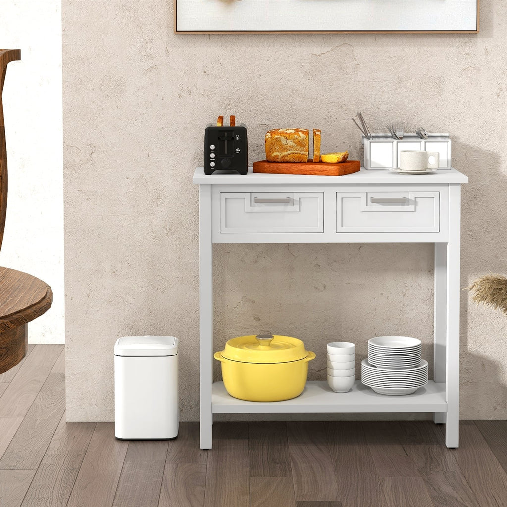 Narrow Console Table with Drawers and Open Storage Shelf-White