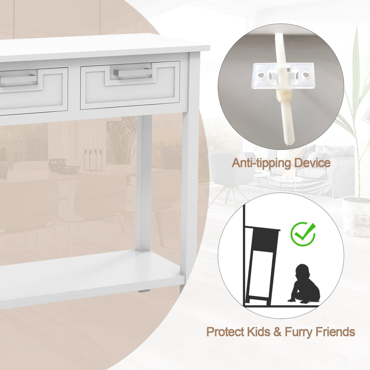 Narrow Console Table with Drawers and Open Storage Shelf-White