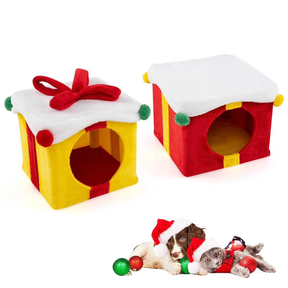 2 Gift Box Shaped Cute Christmas Cat House with Bow-Multicolor