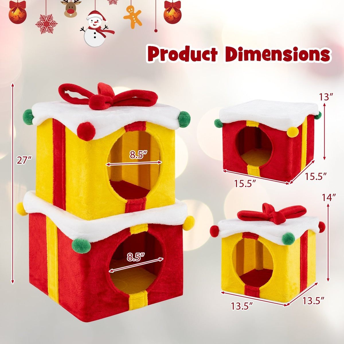 2 Gift Box Shaped Cute Christmas Cat House with Bow-Multicolor