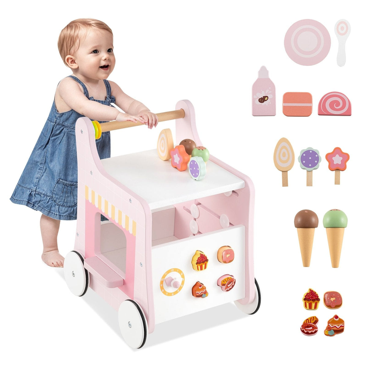 2-in-1 Baby Walker with Storage and Ice Creams for 1+ Years Old-Pink