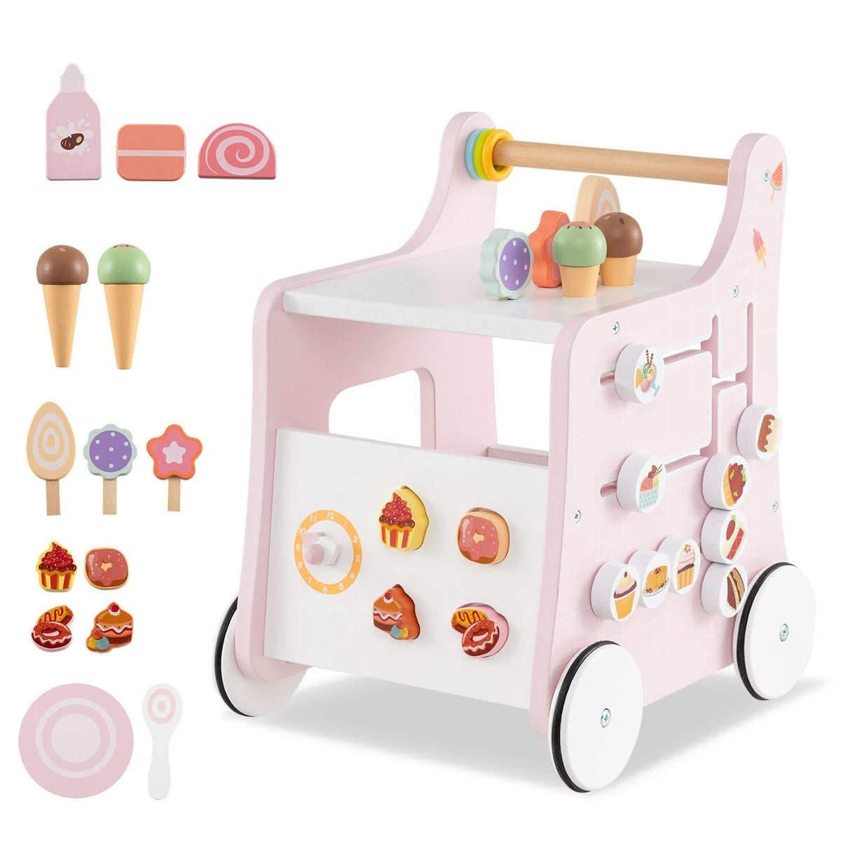 2-in-1 Baby Walker with Storage and Ice Creams for 1+ Years Old-Pink