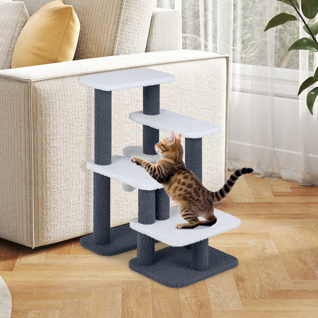 2 in 1 Cat Stairs and Cat Tree, 30 Inch 4 Step Pet Ladder with Sisal Post and Dangling Ball, Gray