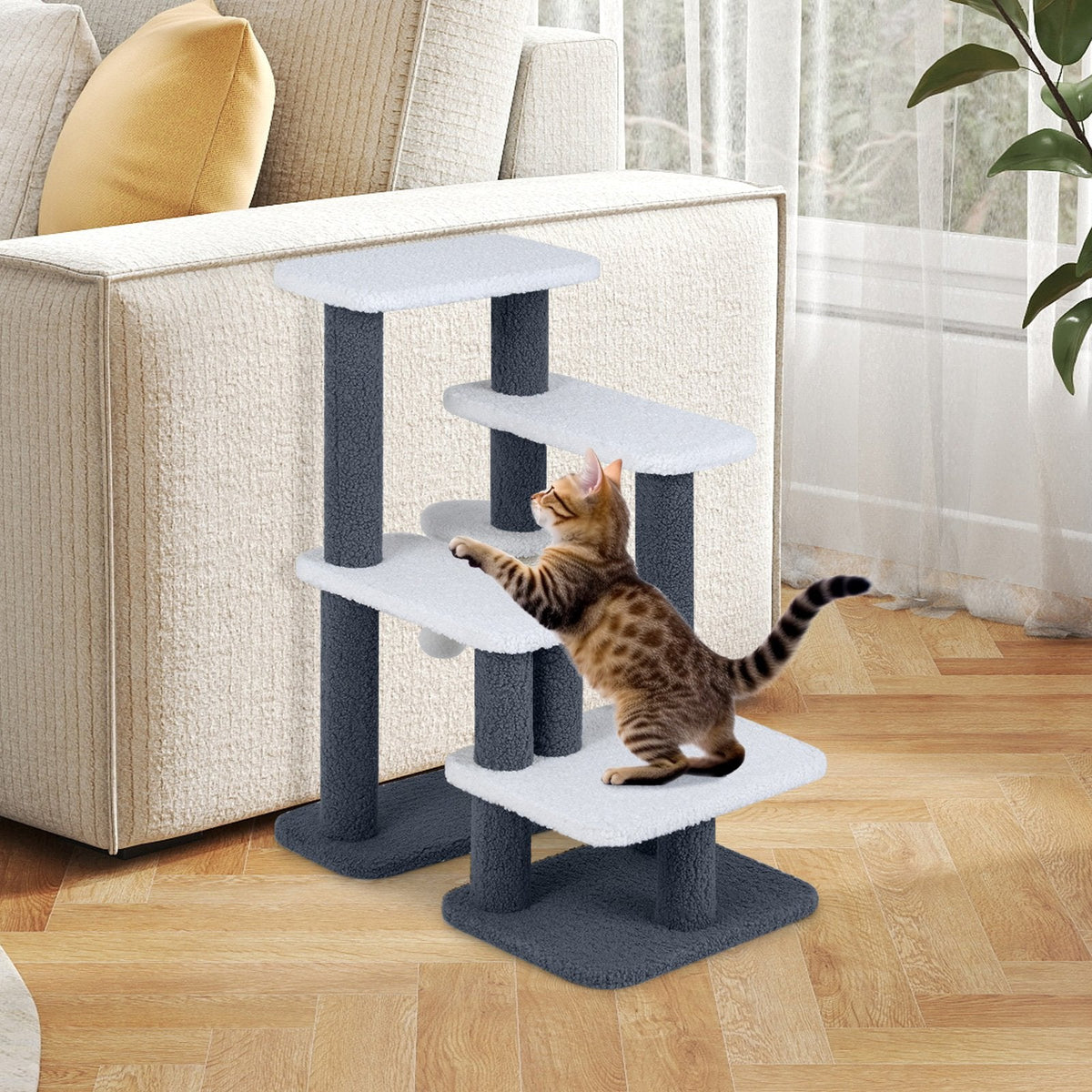 2 in 1 Cat Stairs and Cat Tree, 30 Inch 4 Step Pet Ladder with Sisal Post and Dangling Ball, Gray