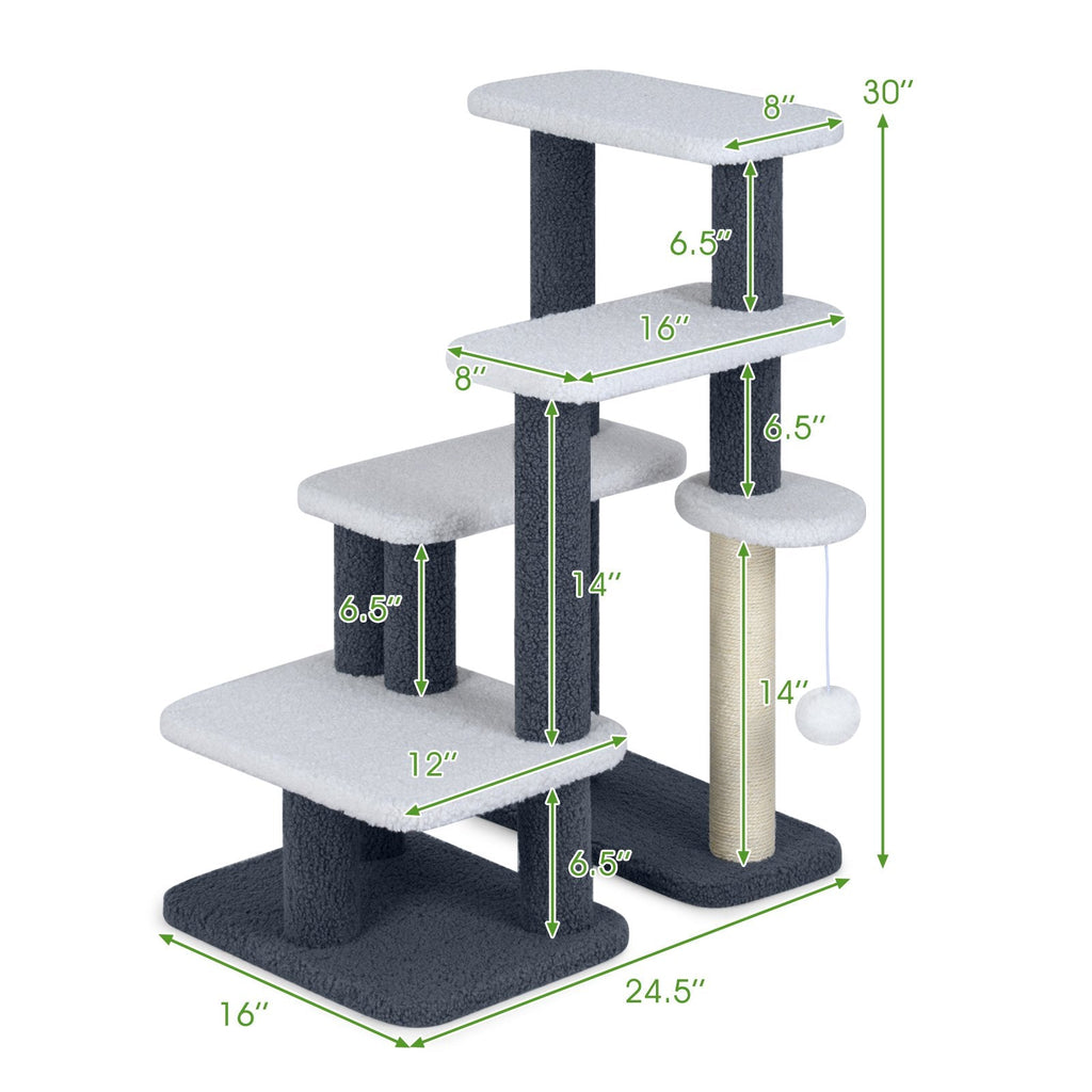 2 in 1 Cat Stairs and Cat Tree, 30 Inch 4 Step Pet Ladder with Sisal Post and Dangling Ball, Gray