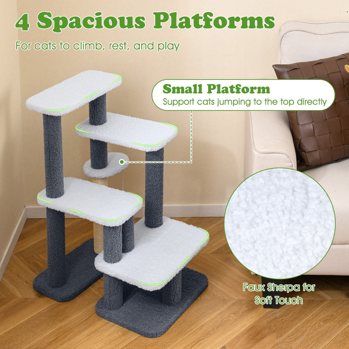2 in 1 Cat Stairs and Cat Tree, 30 Inch 4 Step Pet Ladder with Sisal Post and Dangling Ball, Gray