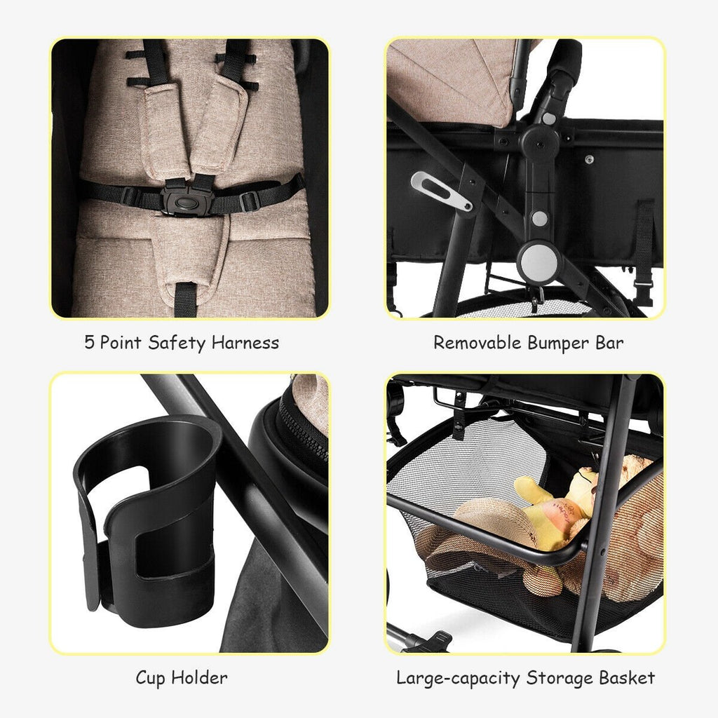 2 in 1 Foldable Pushchair Newborn Infant Baby Stroller-Coffee
