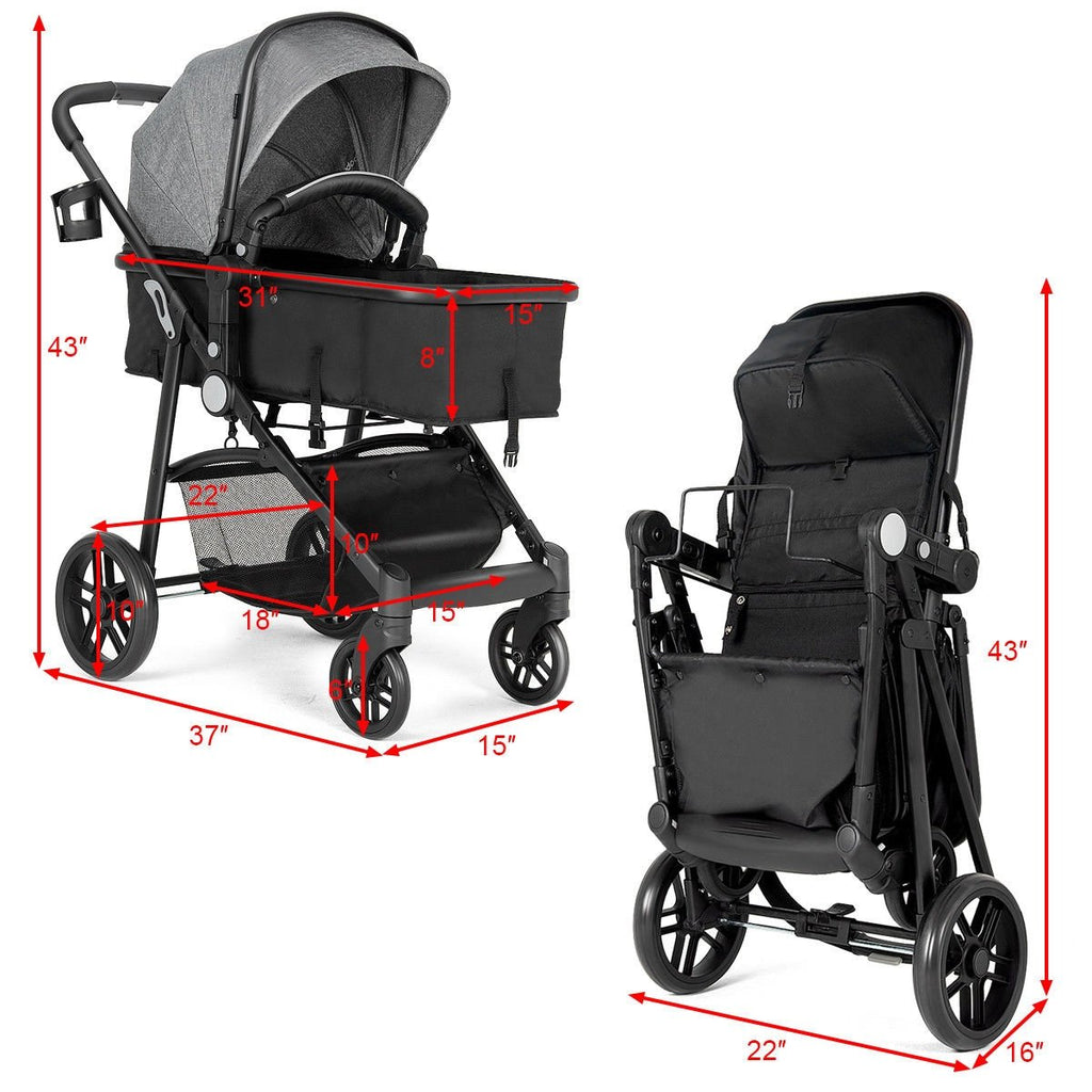 2 in 1 Foldable Pushchair Newborn Infant Baby Stroller-Gray