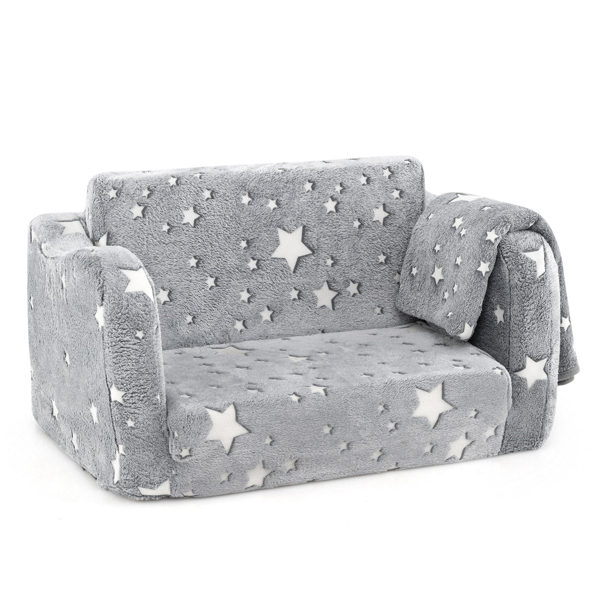 2-in-1 Folding Kids Couch with Blanket Glow in the Dark-Gray