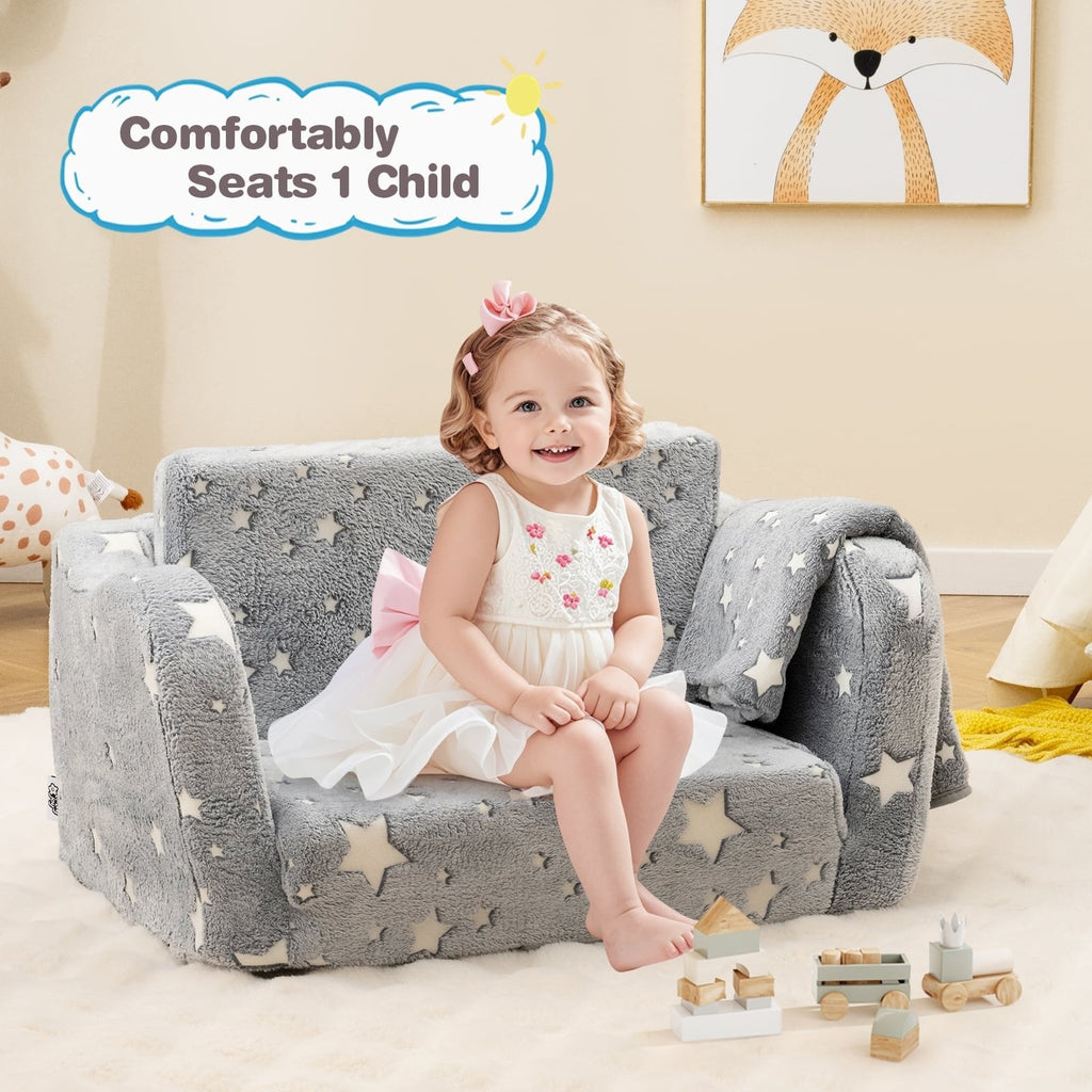 2-in-1 Folding Kids Couch with Blanket Glow in the Dark-Gray