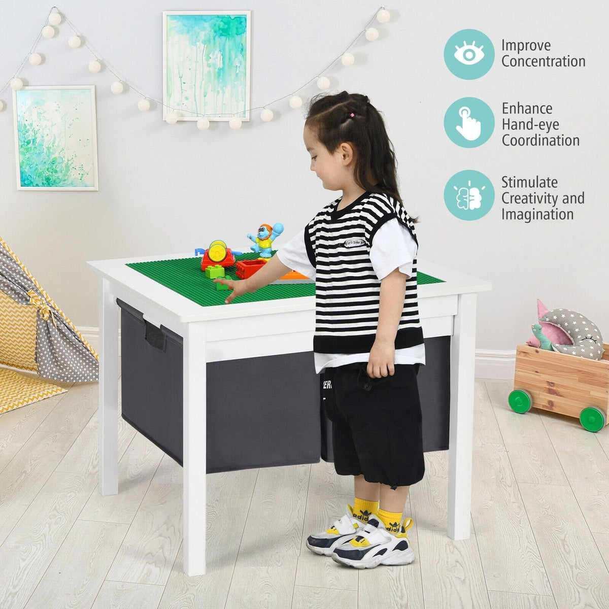 2 in 1 Kids Double Sided Activity Block Table with 2 Storage Drawers, White