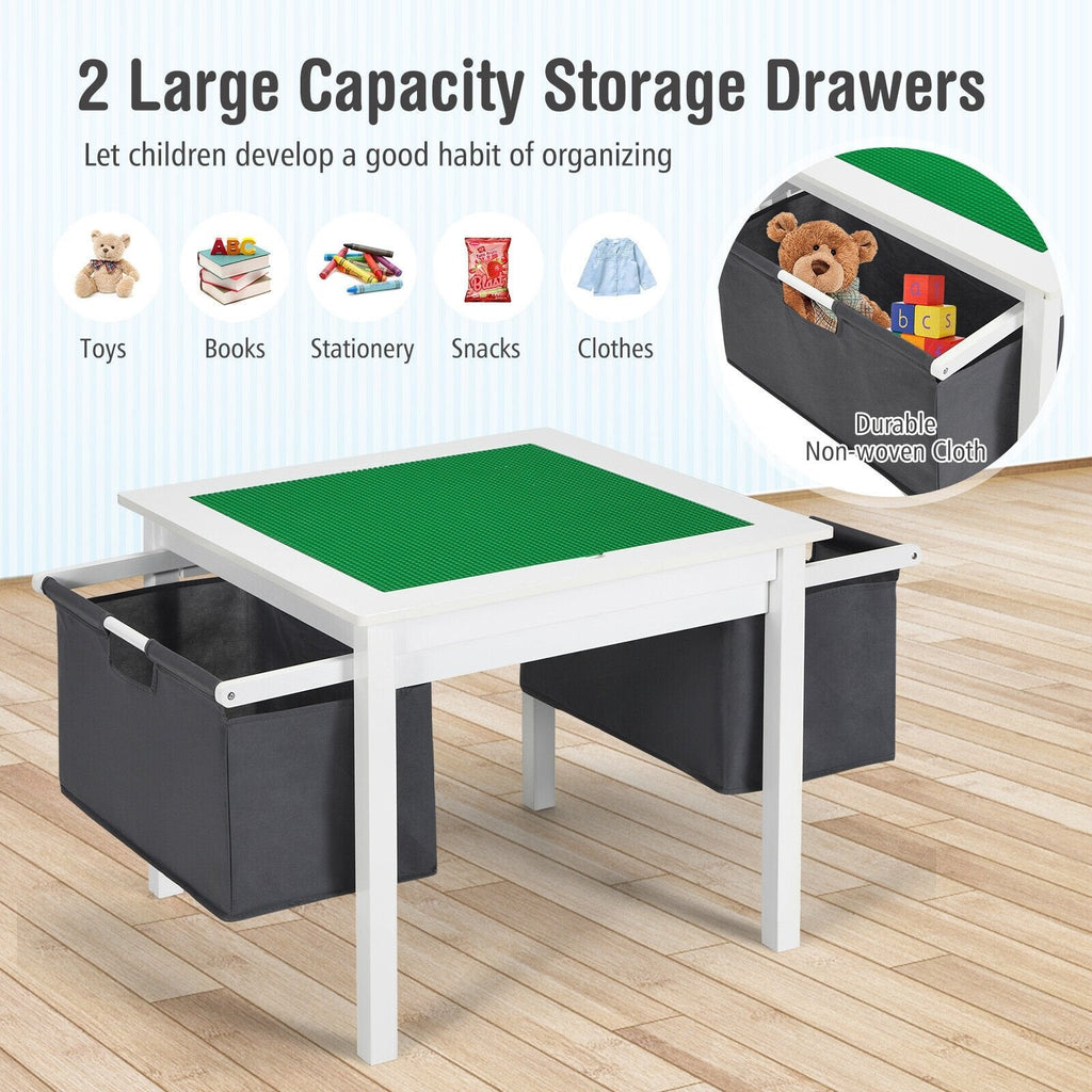 2 in 1 Kids Double Sided Activity Block Table with 2 Storage Drawers, White