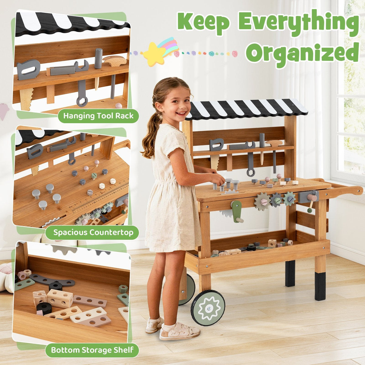 2-in-1 Kids Rolling Cart with Play Tools Set for Construction Play-Brown