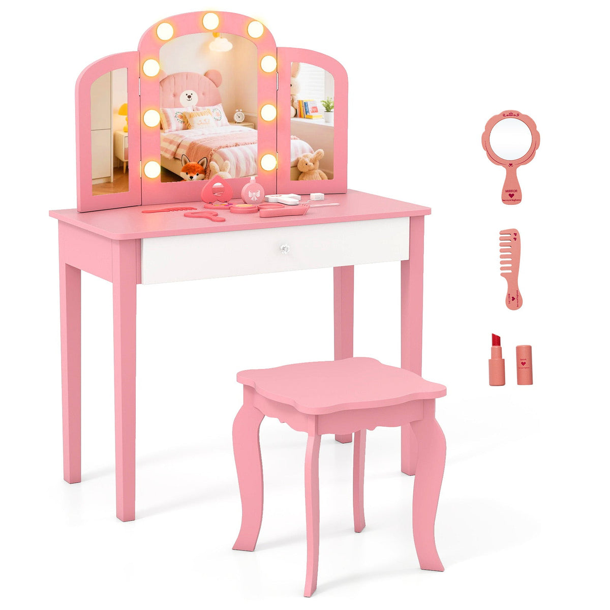2-in-1 Kids Vanity Table Set with Tri-Folding Detachable Mirror and Lights-Pink