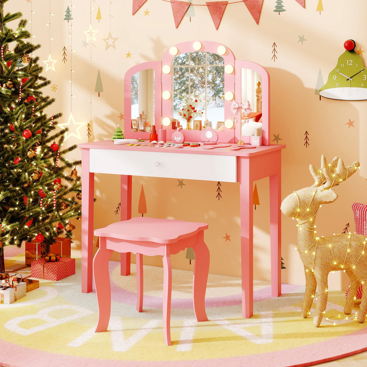 2-in-1 Kids Vanity Table Set with Tri-Folding Detachable Mirror and Lights-Pink