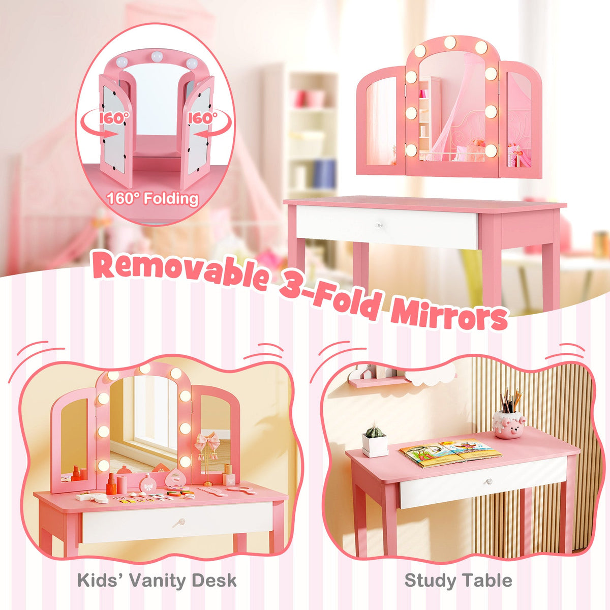 2-in-1 Kids Vanity Table Set with Tri-Folding Detachable Mirror and Lights-Pink