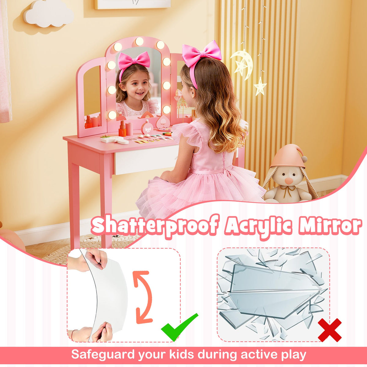 2-in-1 Kids Vanity Table Set with Tri-Folding Detachable Mirror and Lights-Pink