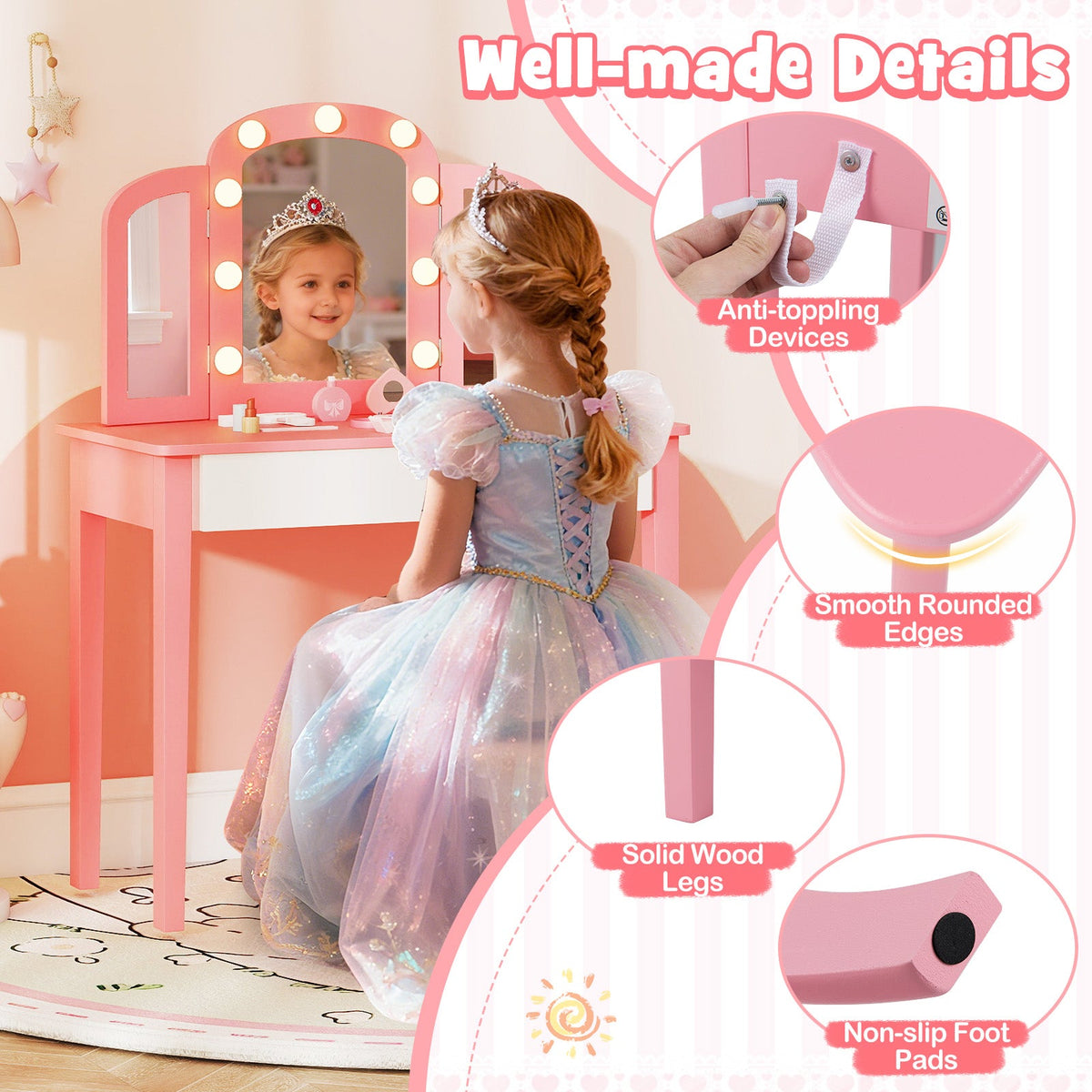 2-in-1 Kids Vanity Table Set with Tri-Folding Detachable Mirror and Lights-Pink