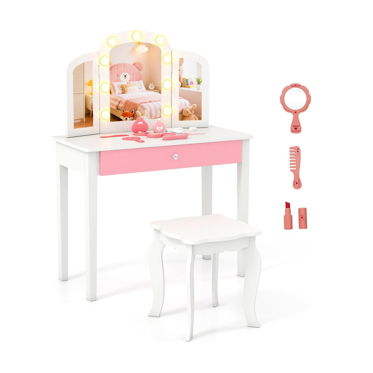 2-in-1 Kids Vanity Table Set with Tri-Folding Detachable Mirror and Lights-White