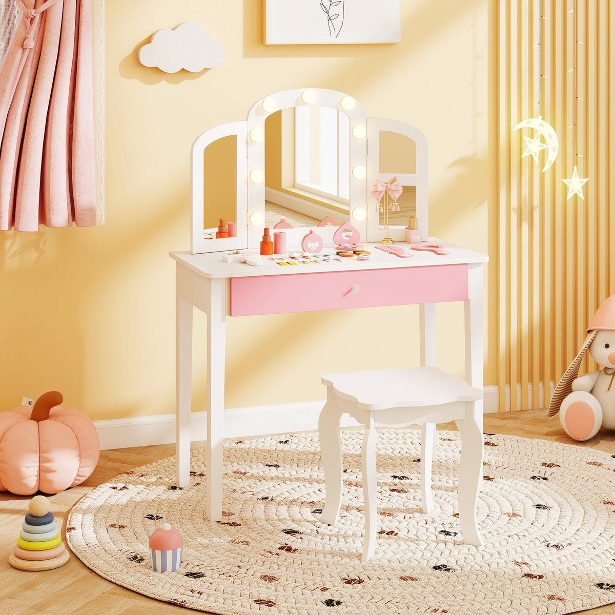 2-in-1 Kids Vanity Table Set with Tri-Folding Detachable Mirror and Lights-White