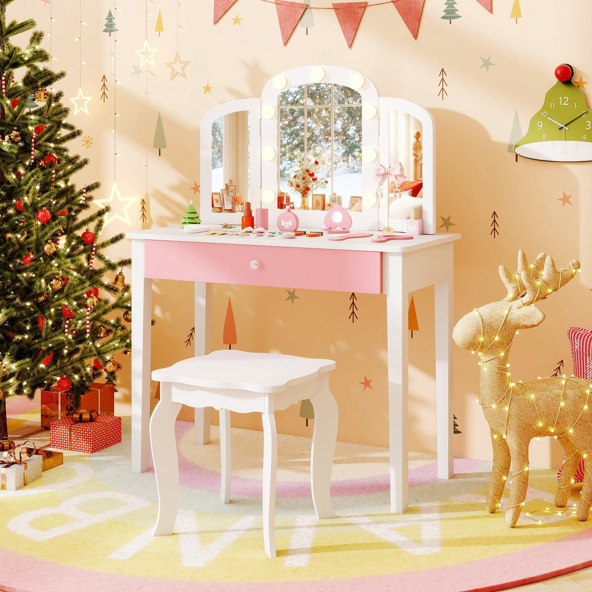 2-in-1 Kids Vanity Table Set with Tri-Folding Detachable Mirror and Lights-White