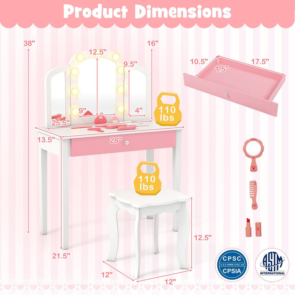 2-in-1 Kids Vanity Table Set with Tri-Folding Detachable Mirror and Lights-White