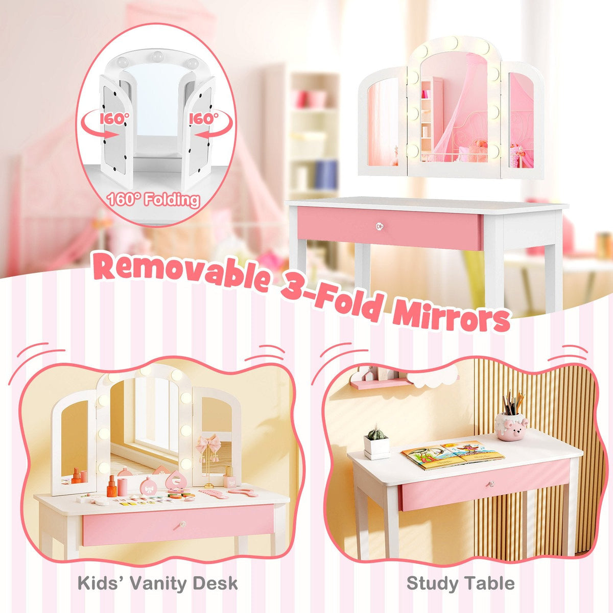 2-in-1 Kids Vanity Table Set with Tri-Folding Detachable Mirror and Lights-White