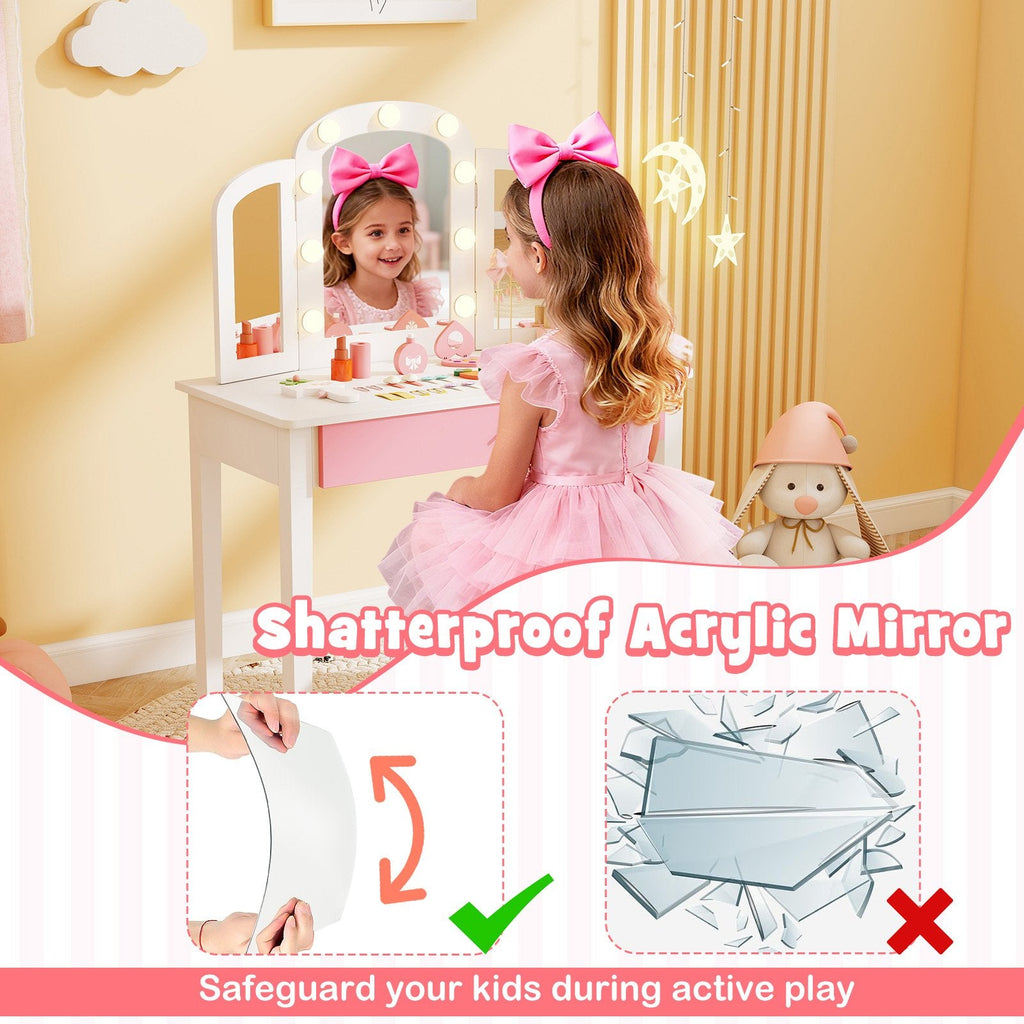 2-in-1 Kids Vanity Table Set with Tri-Folding Detachable Mirror and Lights-White