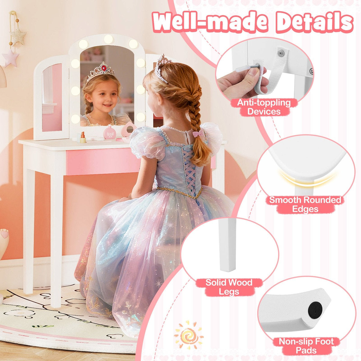 2-in-1 Kids Vanity Table Set with Tri-Folding Detachable Mirror and Lights-White