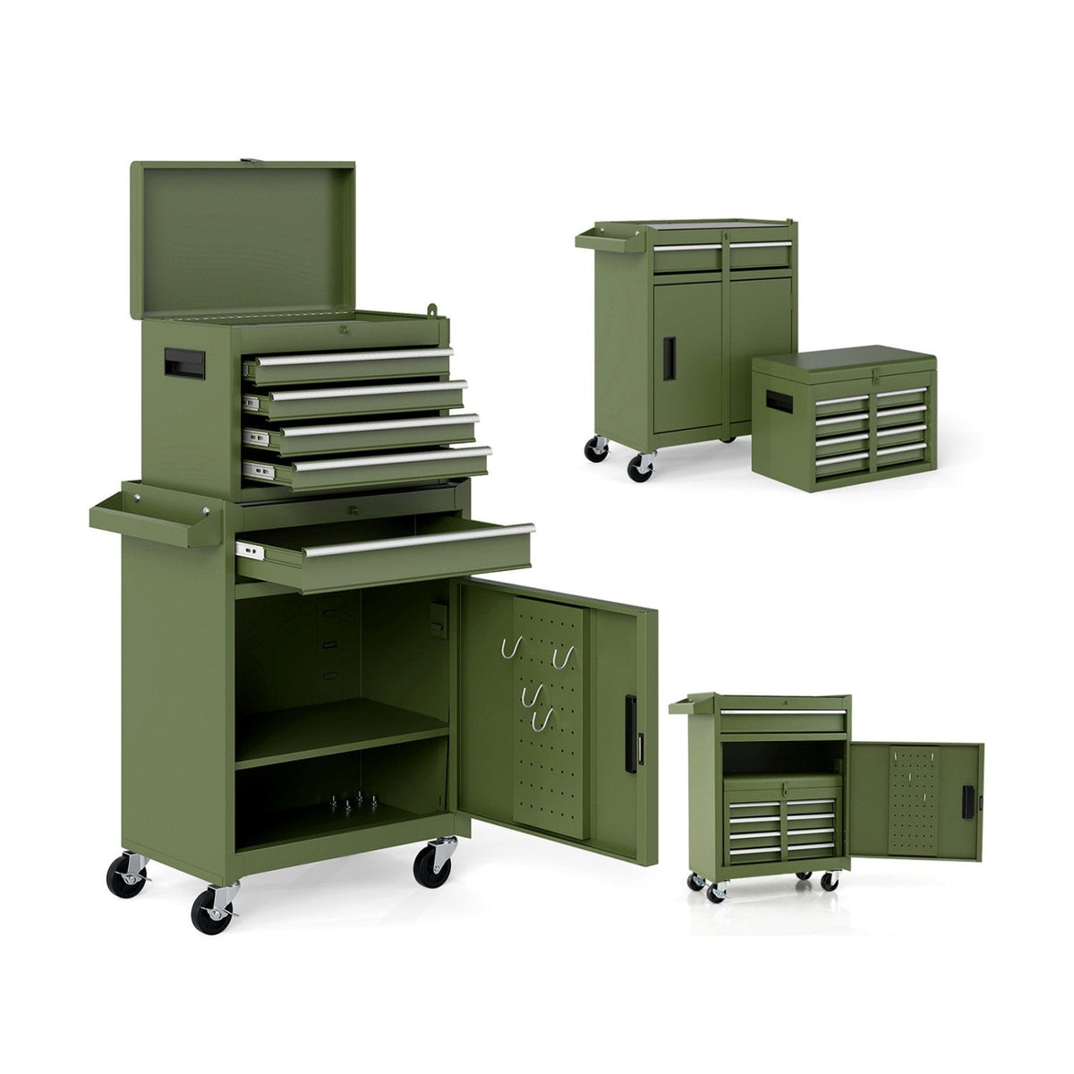 2-in-1 Rolling Tool Chest with 5 Sliding Lockable Drawers-Green