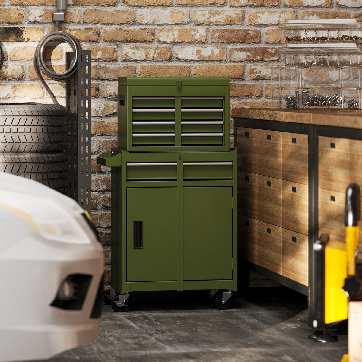 2-in-1 Rolling Tool Chest with 5 Sliding Lockable Drawers-Green