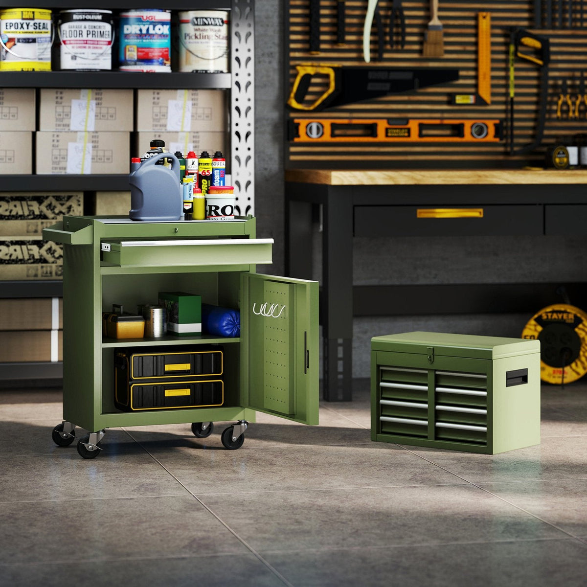 2-in-1 Rolling Tool Chest with 5 Sliding Lockable Drawers-Green
