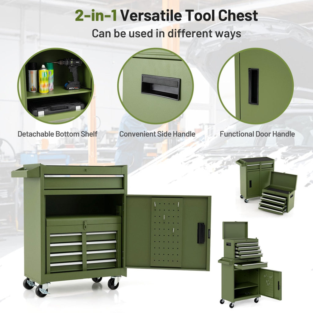 2-in-1 Rolling Tool Chest with 5 Sliding Lockable Drawers-Green