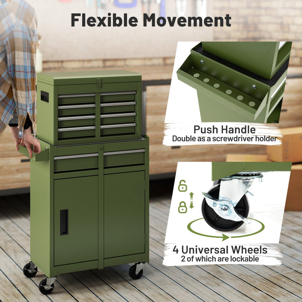 2-in-1 Rolling Tool Chest with 5 Sliding Lockable Drawers-Green