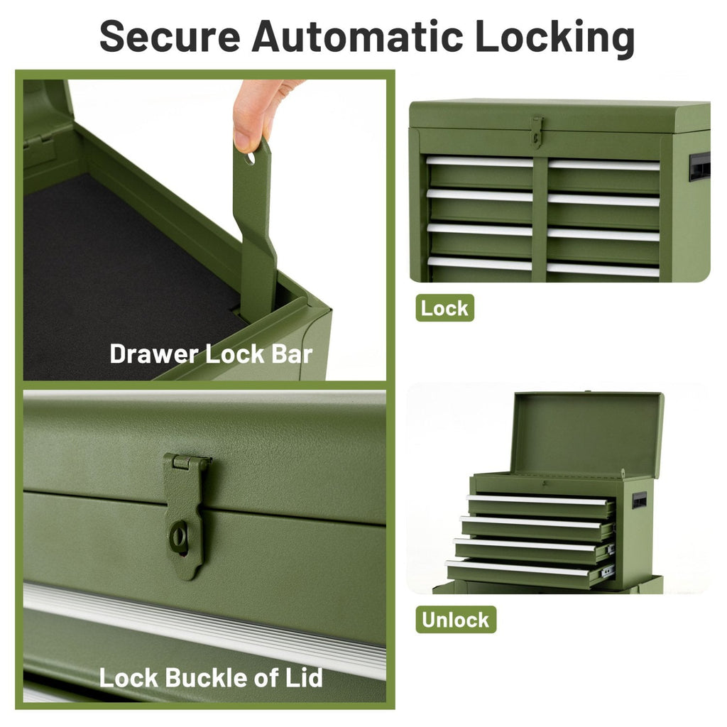 2-in-1 Rolling Tool Chest with 5 Sliding Lockable Drawers-Green