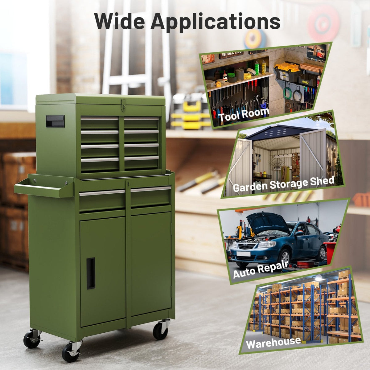 2-in-1 Rolling Tool Chest with 5 Sliding Lockable Drawers-Green