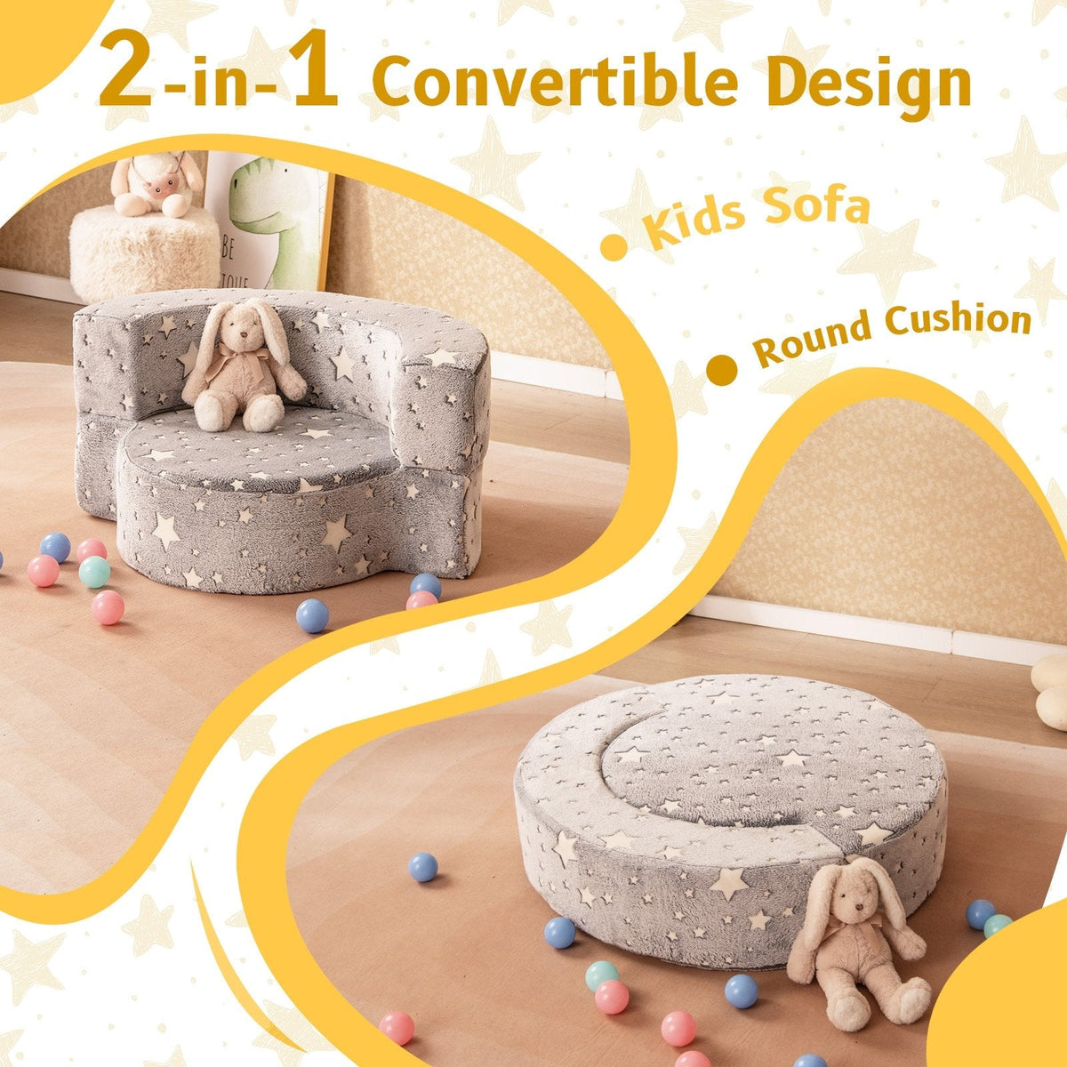 2-in-1 Toddler Chair Glow in the Dark Kids Couch with Cover Convertible Sofa-Gray