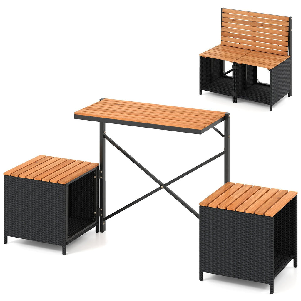 2 in 1 Transforming Picnic Set, Acacia Loveseat That Opens Into a Table and Two Storage Stools