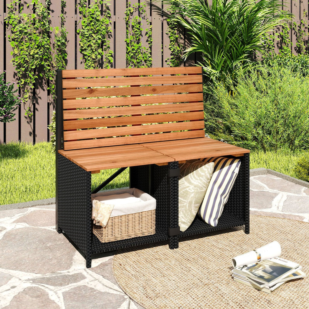 2 in 1 Transforming Picnic Set, Acacia Loveseat That Opens Into a Table and Two Storage Stools