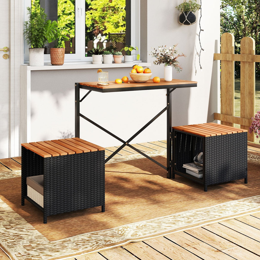 2 in 1 Transforming Picnic Set, Acacia Loveseat That Opens Into a Table and Two Storage Stools