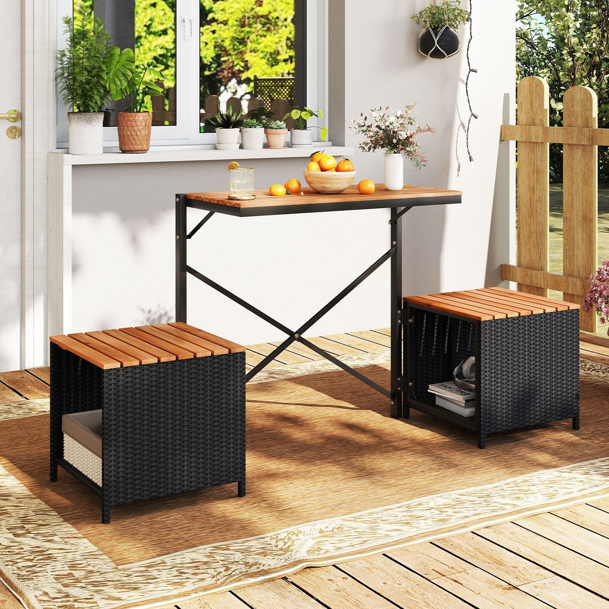 2 in 1 Transforming Picnic Set, Acacia Loveseat That Opens Into a Table and Two Storage Stools