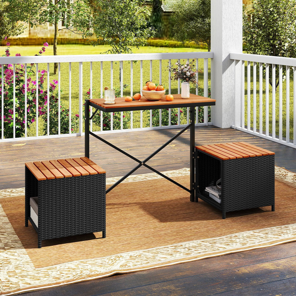 2 in 1 Transforming Picnic Set, Acacia Loveseat That Opens Into a Table and Two Storage Stools
