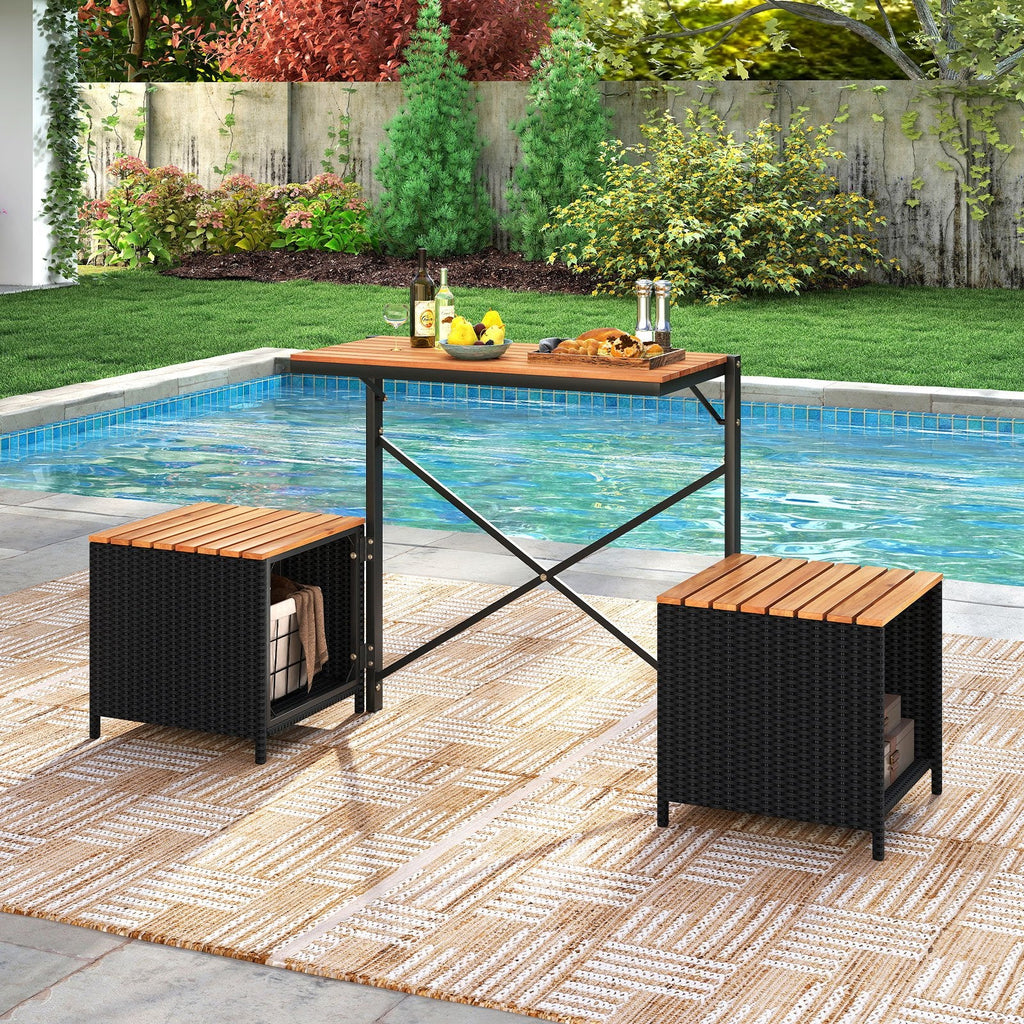 2 in 1 Transforming Picnic Set, Acacia Loveseat That Opens Into a Table and Two Storage Stools