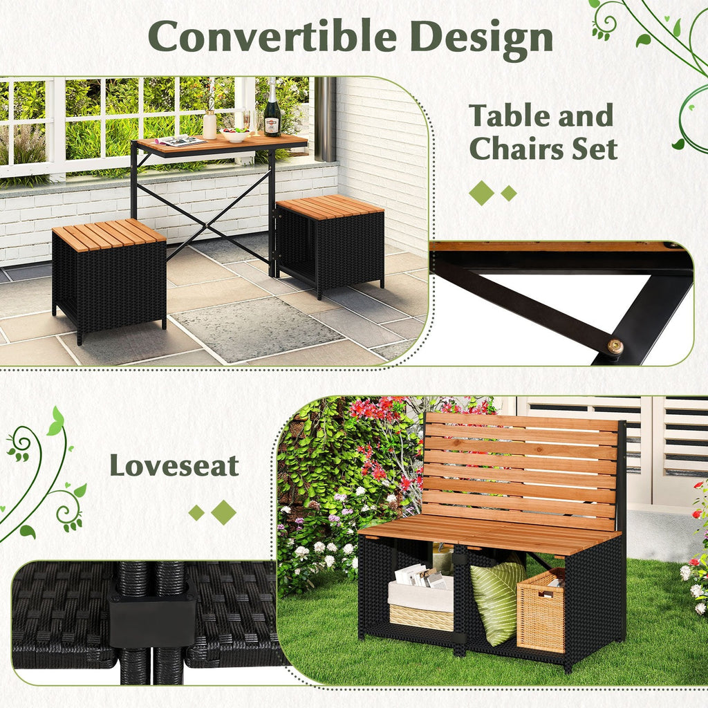 2 in 1 Transforming Picnic Set, Acacia Loveseat That Opens Into a Table and Two Storage Stools