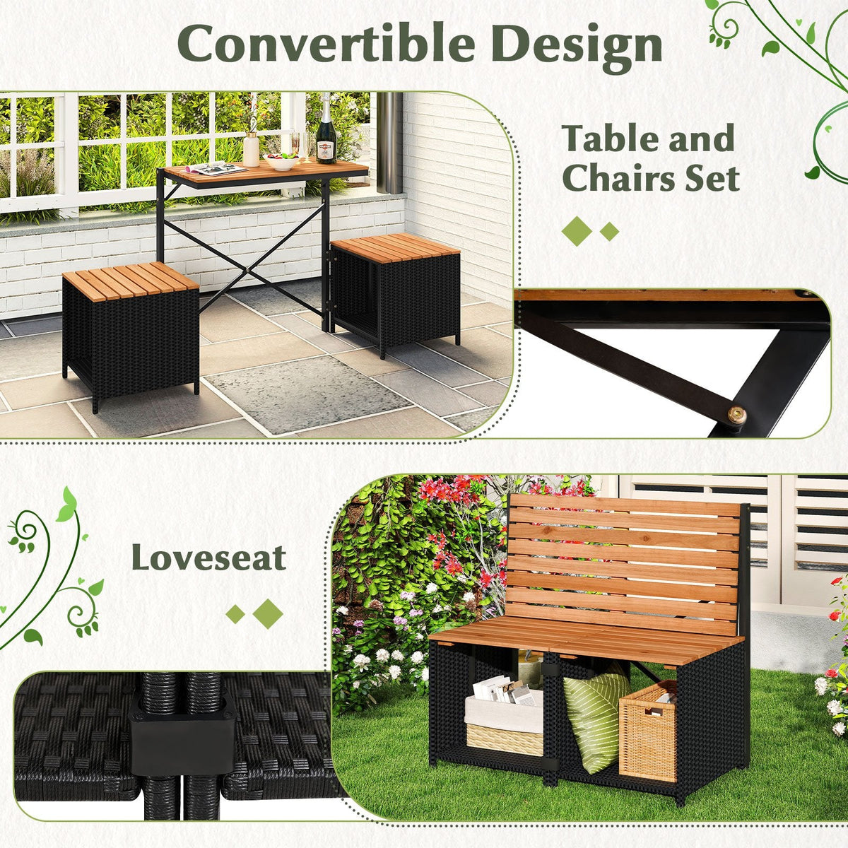2 in 1 Transforming Picnic Set, Acacia Loveseat That Opens Into a Table and Two Storage Stools