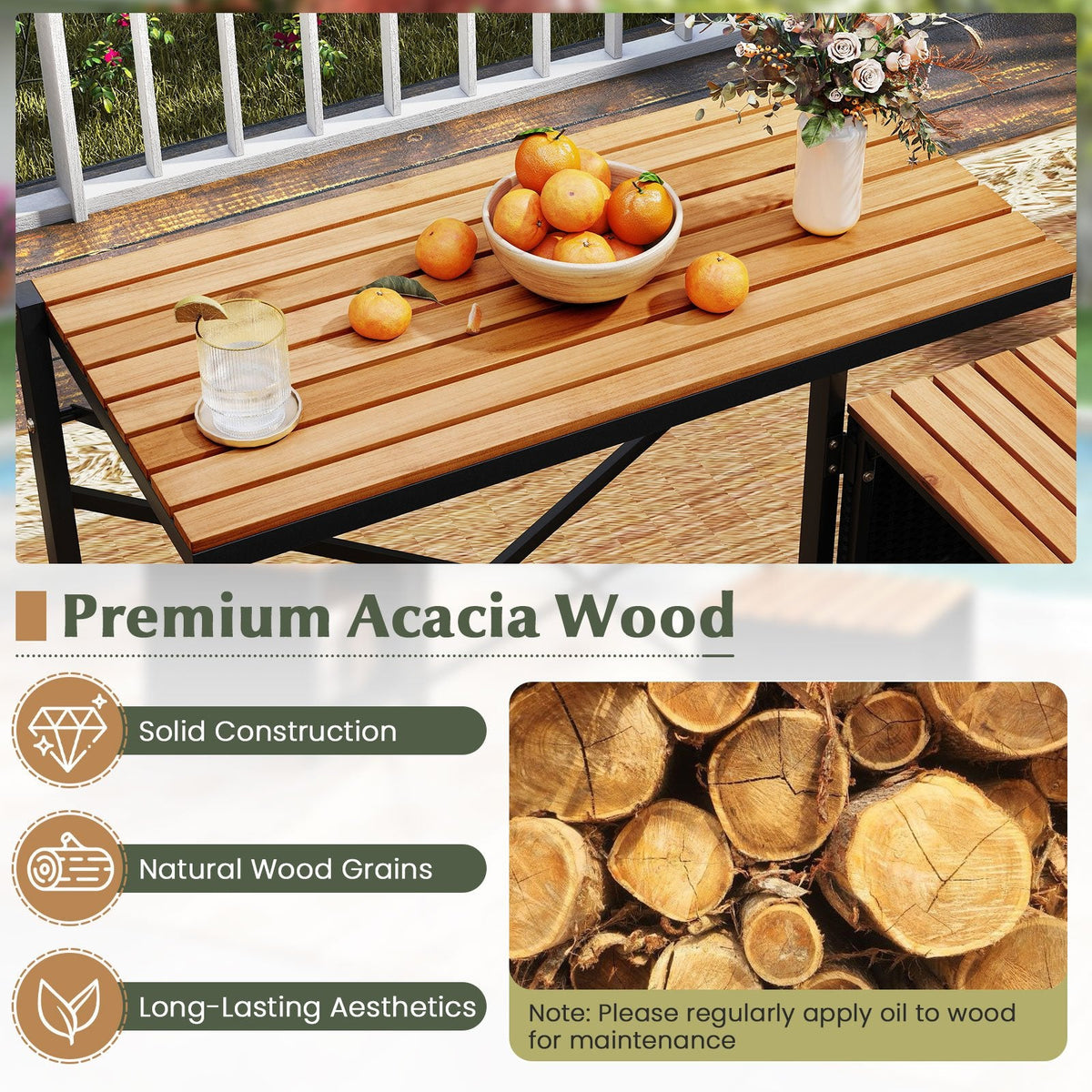 2 in 1 Transforming Picnic Set, Acacia Loveseat That Opens Into a Table and Two Storage Stools