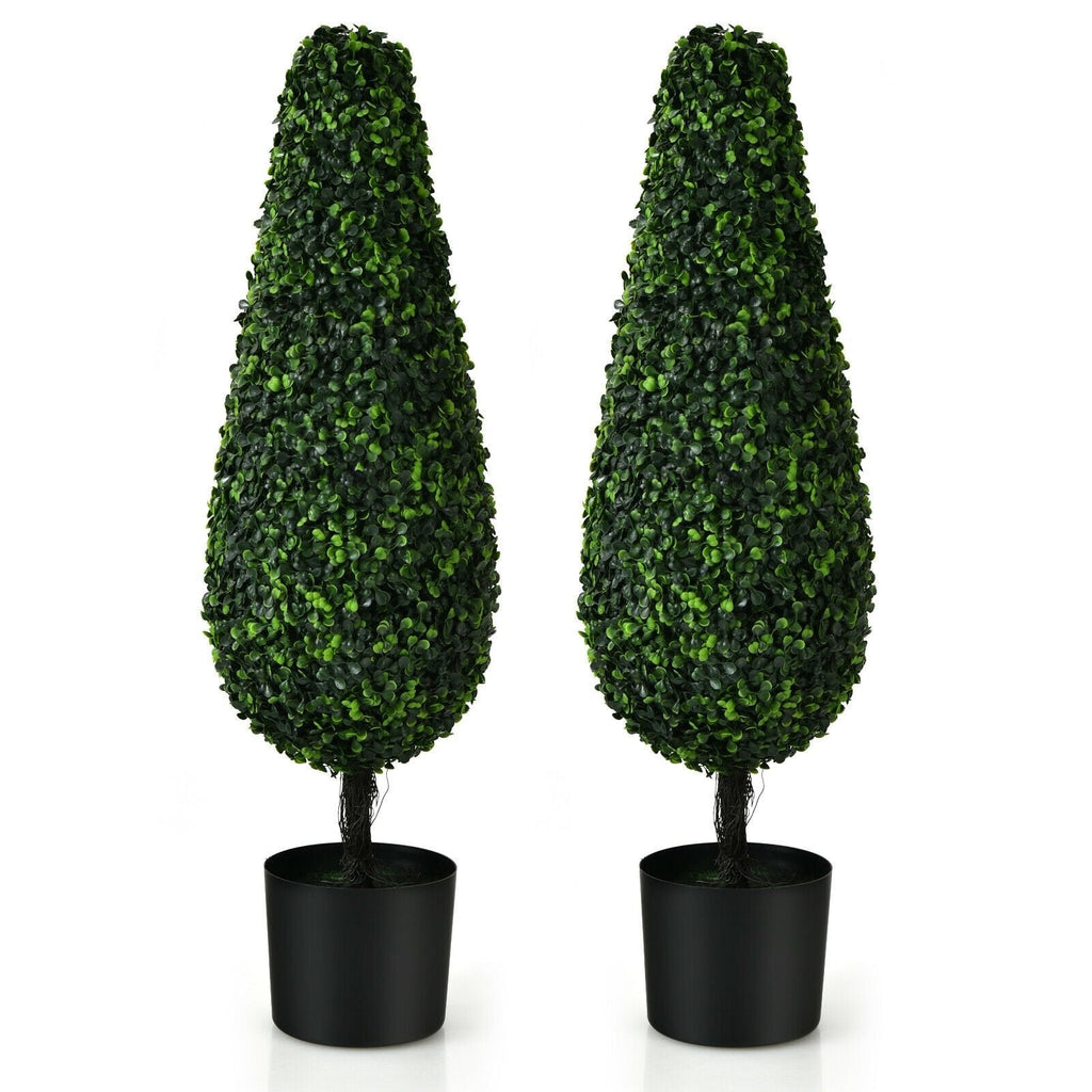35 Inch Artificial Tower Topiary Trees, 2 Pack, UV Resistant with Black Pots