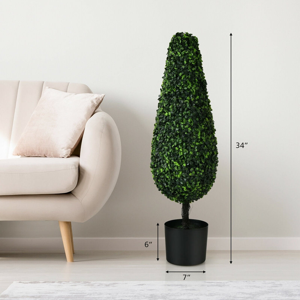 35 Inch Artificial Tower Topiary Trees, 2 Pack, UV Resistant with Black Pots