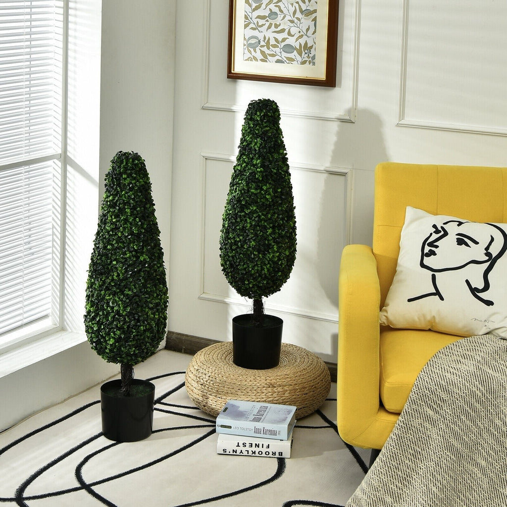 35 Inch Artificial Tower Topiary Trees, 2 Pack, UV Resistant with Black Pots
