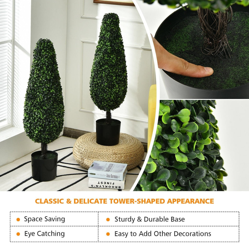 35 Inch Artificial Tower Topiary Trees, 2 Pack, UV Resistant with Black Pots